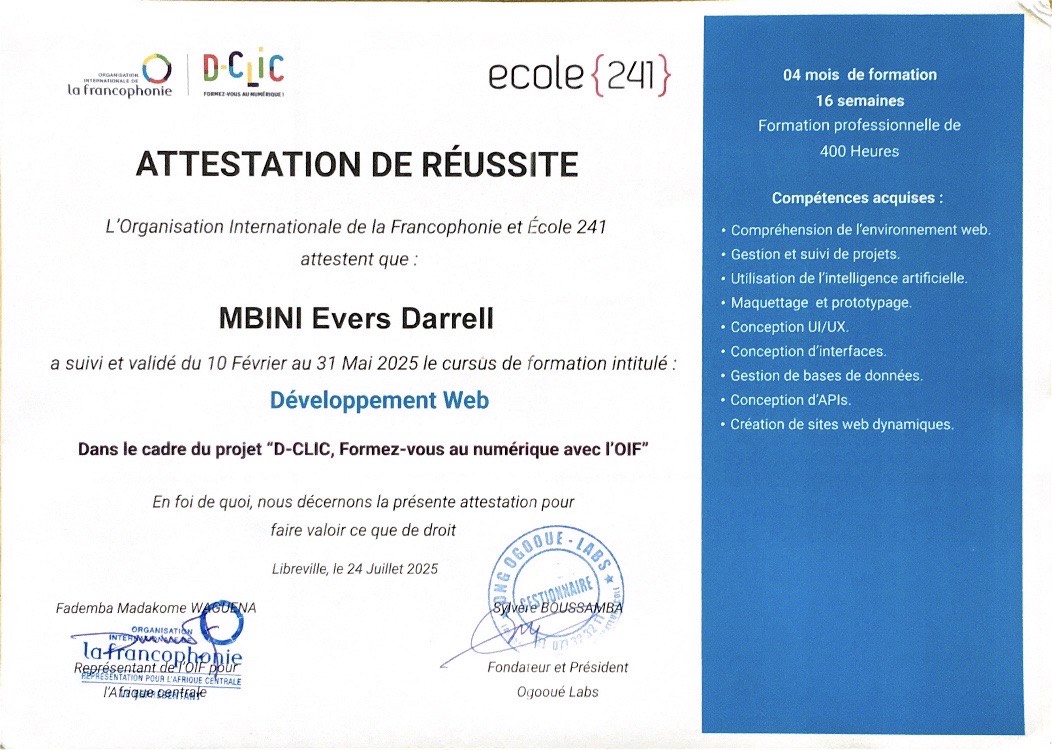 Attestation de Réussite Développeur Web, École 241