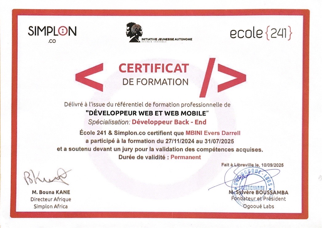 Certificat Développeur Back-end, École 241